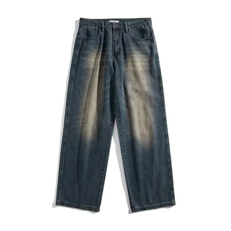 American Retro distressed jeans men\'s high street straight loose washed wide-leg denim trousers male streetwear