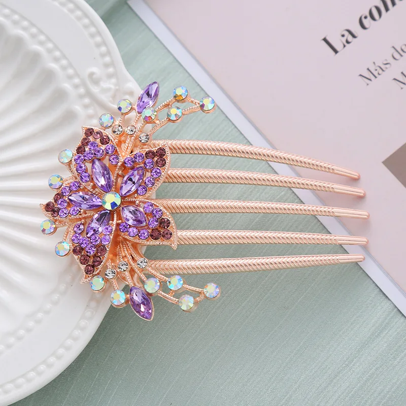 Fashion Flower Crystal Hairclips Rhinestone Hair Combs Plastic Shiny Hairpins for Women Hair Accessories Gift