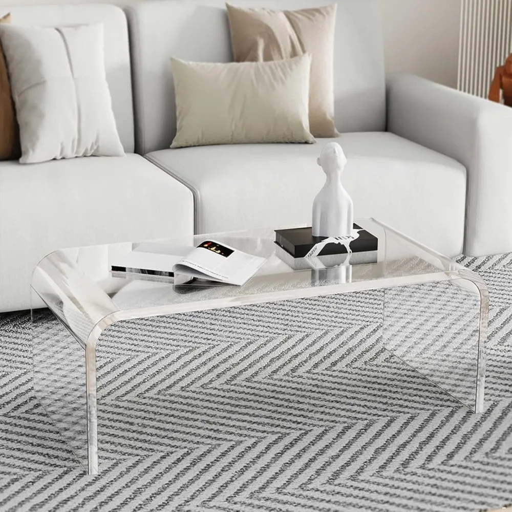 Clear Coffee Table, 32" L x 16" W x16'' H, Modern Waterfall End Table for Small Living Room, Bedroom and Office, Glass Table