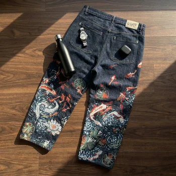 Vintage Black Koi Fish Lotus Embroidered Wide Leg Denim Jeans Y2K Streetwear Oversized Cotton Casual Urban Hip Hop Fashion 1