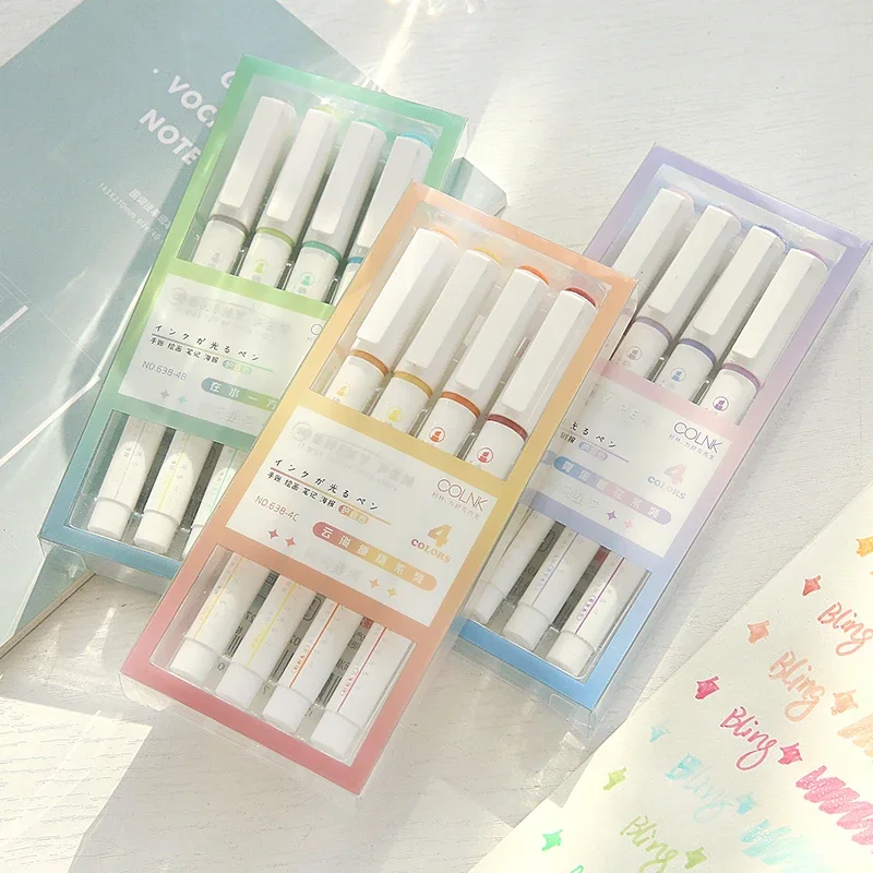 Highlighter Pen Set Color Marker Pens Glitter Color Shiny Pens Set 4mm Brush for Drawing Painting Art School 4pcs
