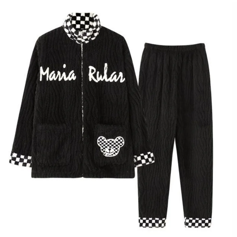 2024 New Coral Velvet Men's Winter Pajamas Plush and Thickened Sleepwear Cartoon Flannel Zipper Loungewear Set Warm Homewear