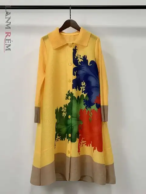 LANMREM 2025 Summer Print Pleated Dress For Women Turn-down Collar Long Sleeves Single Breasted Dresses Female Clothes 2YA296