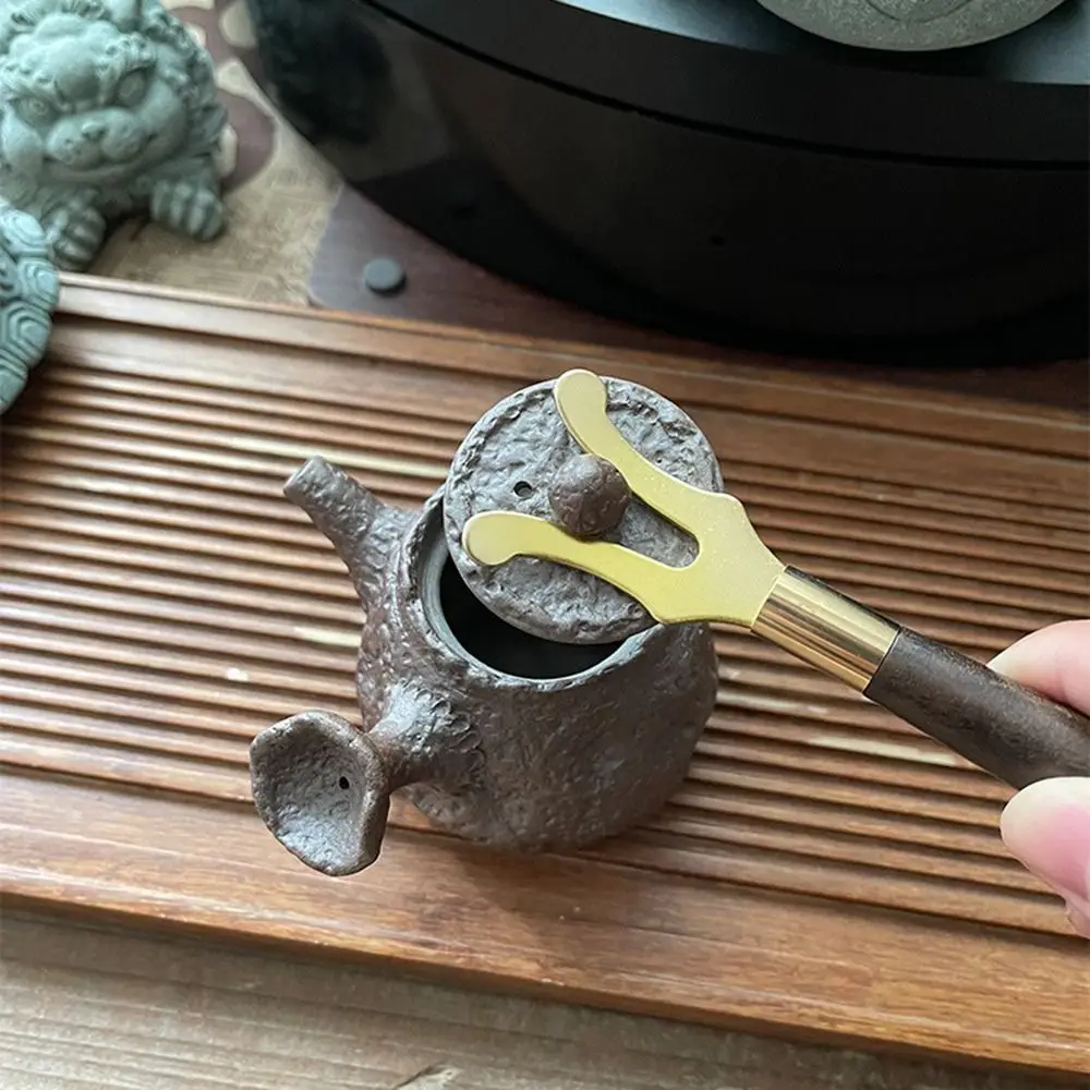 Japanese Style Tetsubin Heat Insulation Stainless Steel Wooden Handle Teapot Lid Clip Holder Tea Kettle Cover Fork Clamp