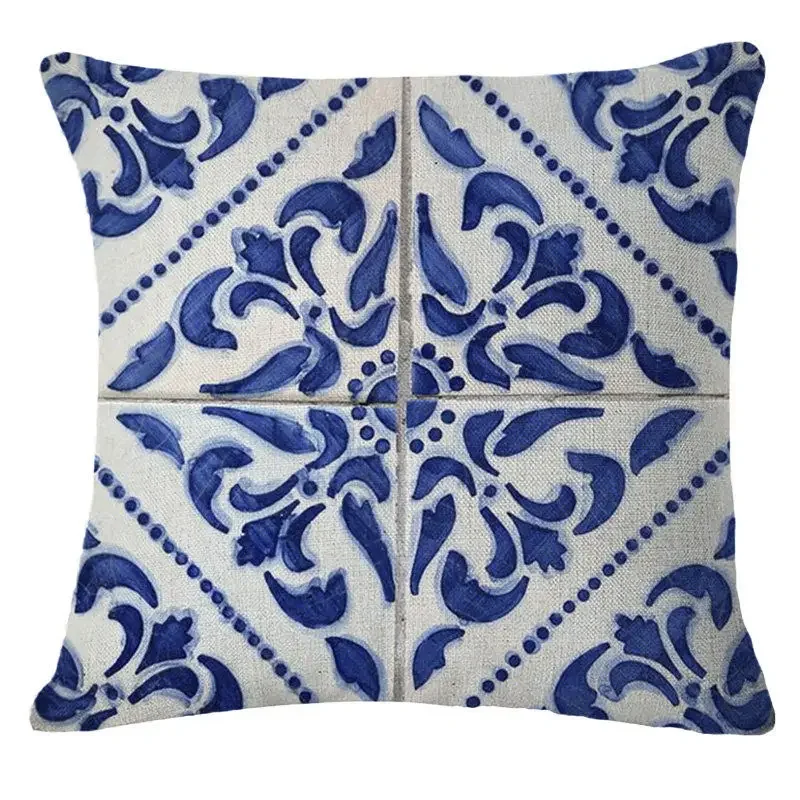 Vintage Blue Flower Cotton Linen Pillow Case Chinese Style Pillow Cover Bird Girl Pattern Cushion Cover for Home Decor 45*45 CM