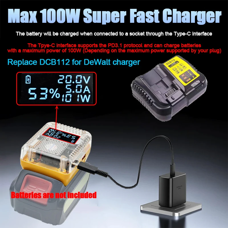 M18 충전기 USB Type-C 보조베터리 138W 용 밀워키 용 Bosch 용 DeWalt 용 Makita 용 리튬 배터리 케이스 어댑터 변환기