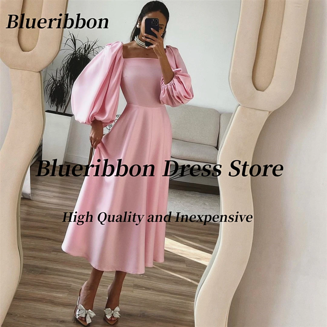 

Женское платье с длинным рукавом Blueribbon, розовое платье с квадратным вырезом для выпускного вечера, короткое платье на выпускной