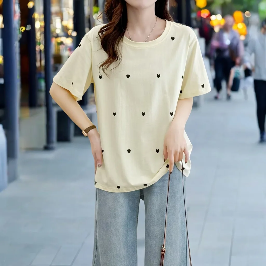 Plus Size Women's Top Summer New 100kg Simple With Small Fresh Love Printing Short Sleeve T-shirt 2246