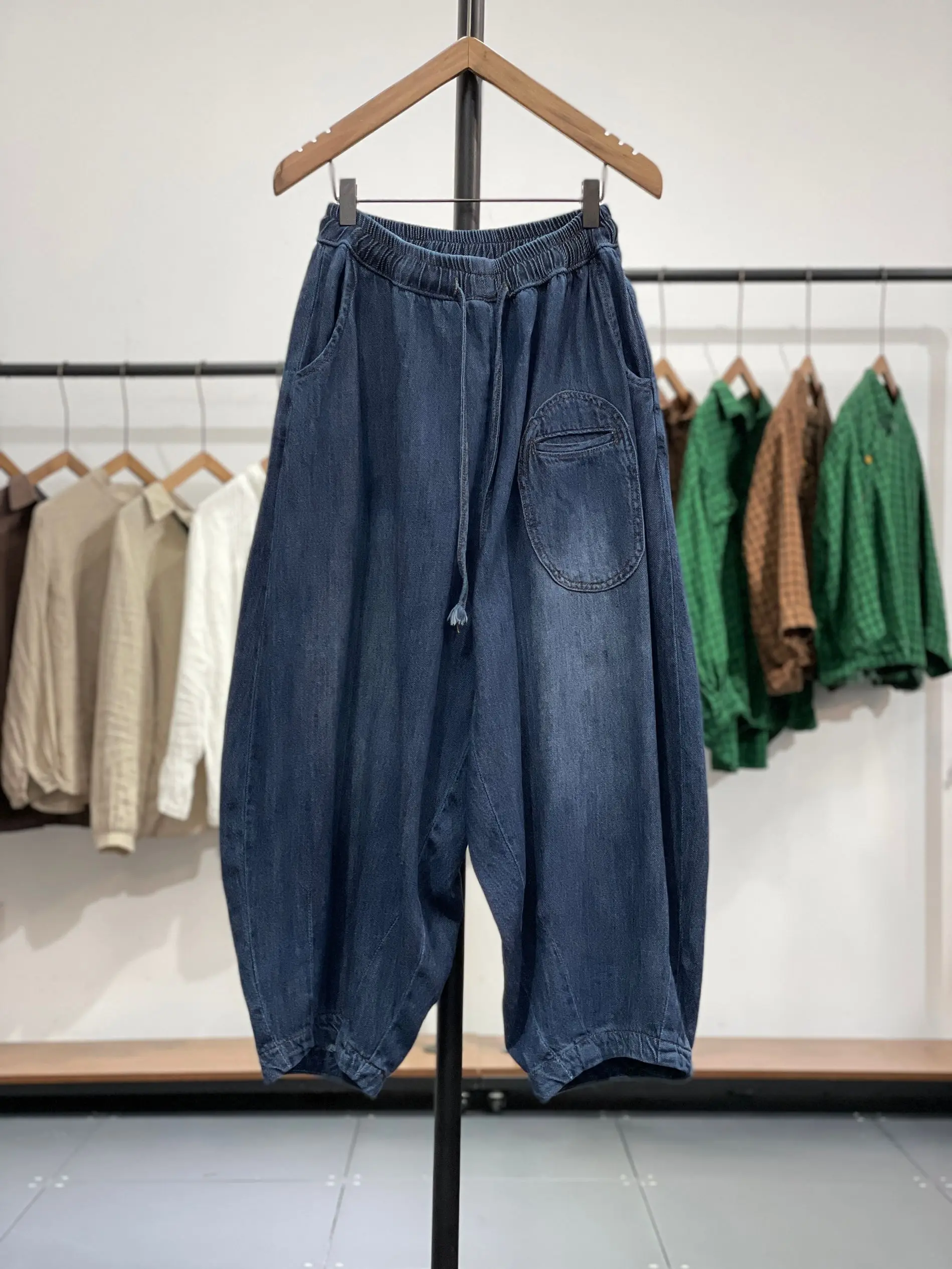 plus Size Denim Jeans Women's Summer New Sle Casual Dstring Personali Nine Point Pants Blue l Waist Regular Thic...