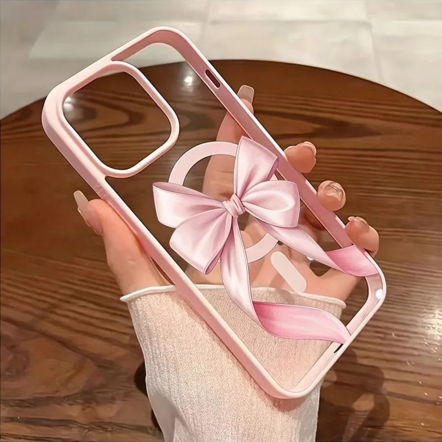 Pink Bow Pattern Magnetic Clear Wireless Charging Phone Case Cover