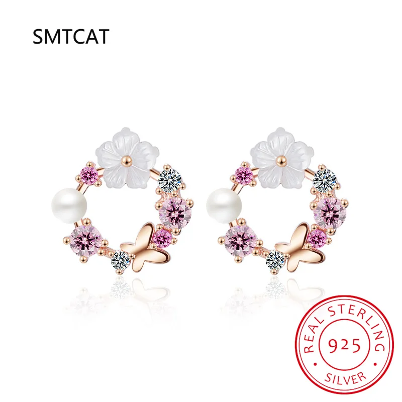 925 Sterling Silver Shell Flower & Butterfly Stud Earring Colorful Zircon Wreath Earring for Women Romantic Fine Jewelry SCE1687