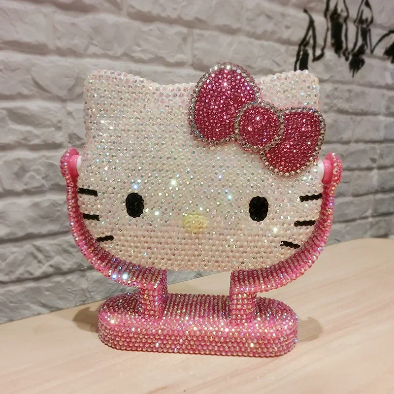 Kawaii Hello Kitty Vanity Mirror Cartoon Shiny Rhinestones Cute Beauty Handheld Mirror Diamond Pink Flip Lovely Birthday Gifts