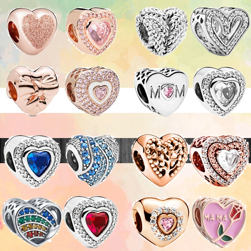 

2022 Heart-shaped Crystal Zircon Love Feather Mom Tree DIY Beads Fit Original Pandora Charms Silver Color Bracelet Women Jewelry