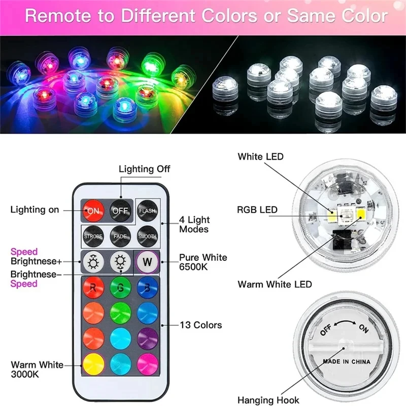 RGB 수중 조명 리모컨 작동식 LED 조명 배터리 작동 야간 조명 할로윈 꽃병 웨딩 파티 장