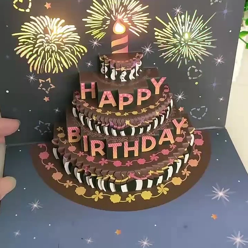 Greeting Cards 3D Pop Up Birthday Greeting Card With Lights Music Happy Birthday Card Firework Cake Gift For Wife Mom Kids