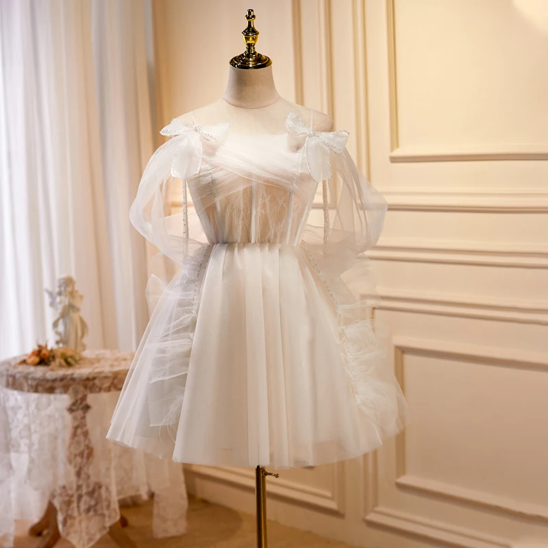 

Evening Dress Strapless Backless Lace Up Tulle Knee Length Sleeveless A-Line Beige Elegant Plus Size Women Party Dresses B2659