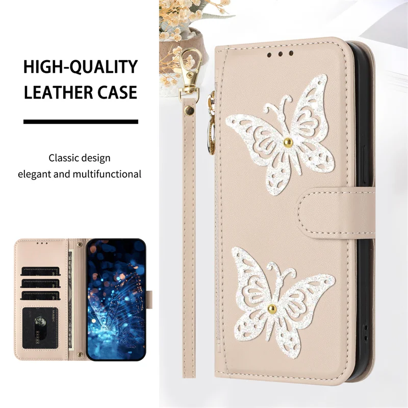 Wrist Strap Flip Leather Phone Case with Zipper Wallet and Card Holder