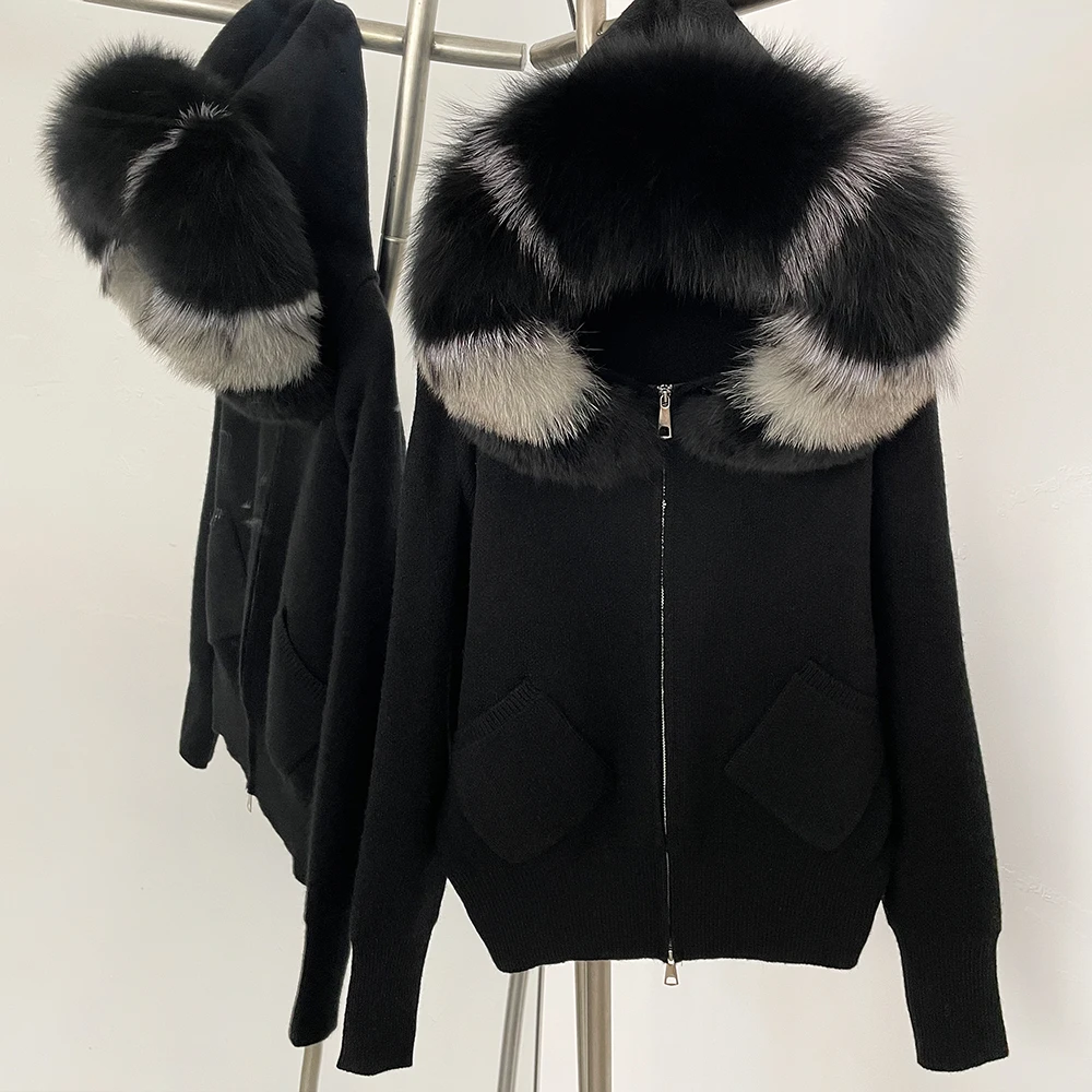 OFTBUY سترة موضة الخريف الشتاء الملابس الإناث معطف الفرو الطبيعي المرأة مقنعين كبير ريال فوكس الفراء طوق قصيرة محبوك سترة