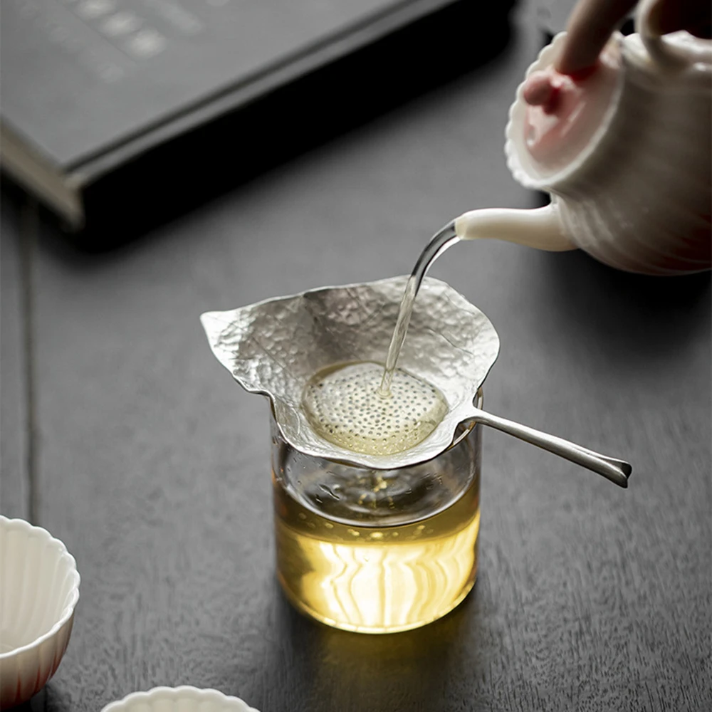 Silver Plated Tin Tea Filter with Delicate Bodhi Leaf Design - Portable Strainer with Matching Fair Cup for Daily Brewing Rituals