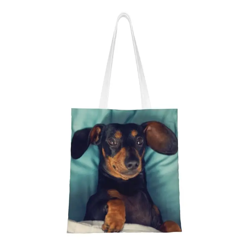 

Dachshund Groceries Shopping Tote Bags Women Badger Sausage the Wiener Dog Canvas Shoulder Shopper Bags Large Capacity Handbags