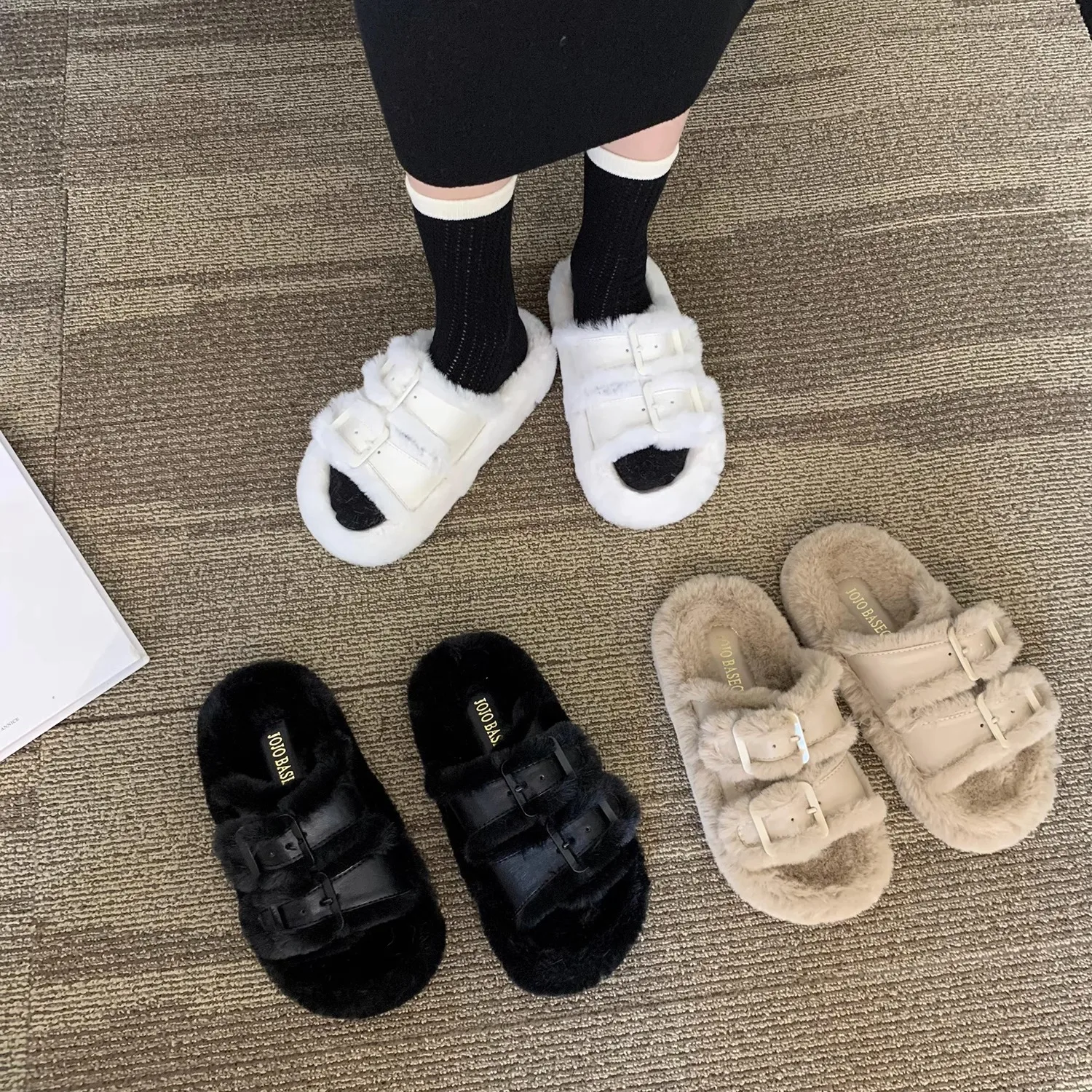 

Новинка Осень-зима 2023, белые пушистые тапочки на толстой подошве, женская одежда, туфли на платформе, бархатные хлопковые тапочки