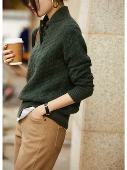 Knitted Pullover Top Sweater, Stand-up Collar, Half-Open Lapel, Twisted Twist Texture, Pure Cashmere, Baseball, Elegant 2