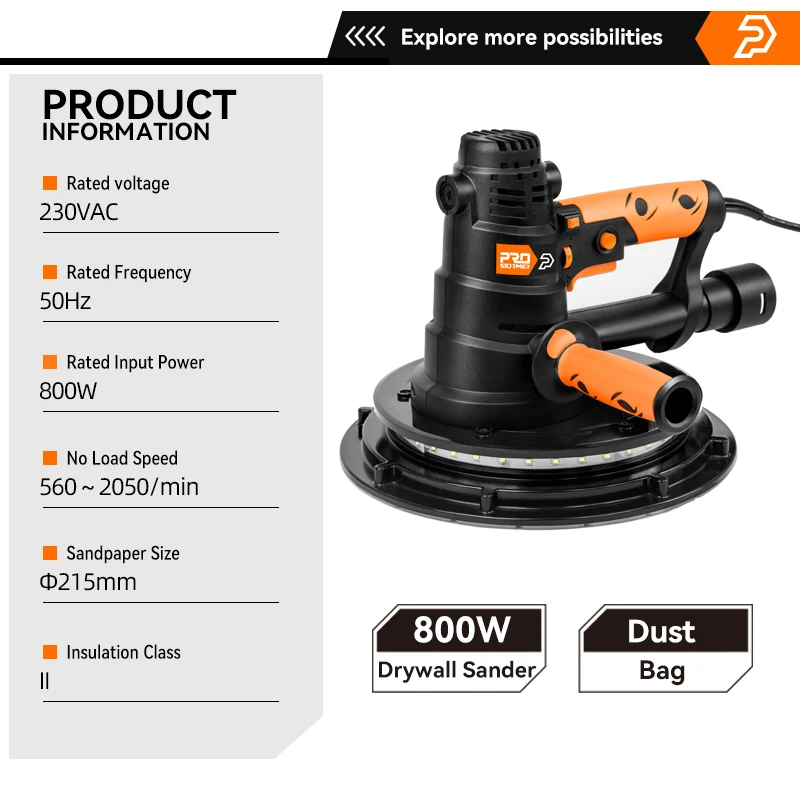 230V Drywall Sander 800W Wall Polishing Machine Grinding Portable Led Light Wall Putty 215mm Sand disc By PROSTORMER electric polisher electric orbital sander