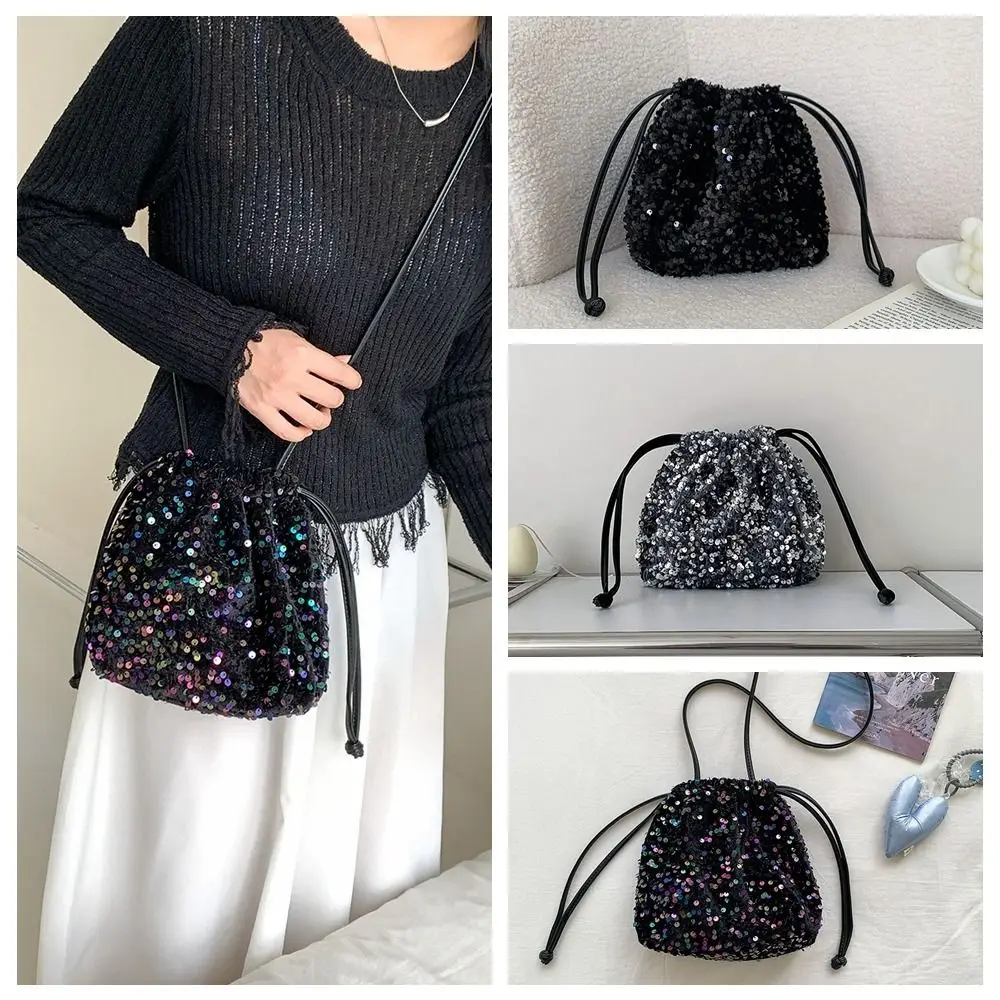 Bolso de hombro de tela con lentejuelas para niñas, monedero plateado Simple, bolso cruzado pequeño, bolso de maquillaje, bolso de cubo con cordón