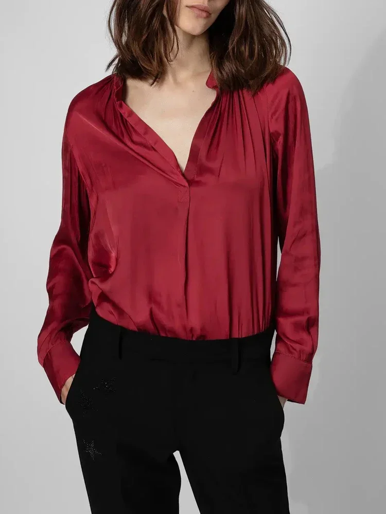 

2023 Autumn New Woman Blouse V-neck Long Sleeves Buttoned Cuffs Fashion Tops Stylish Shirt