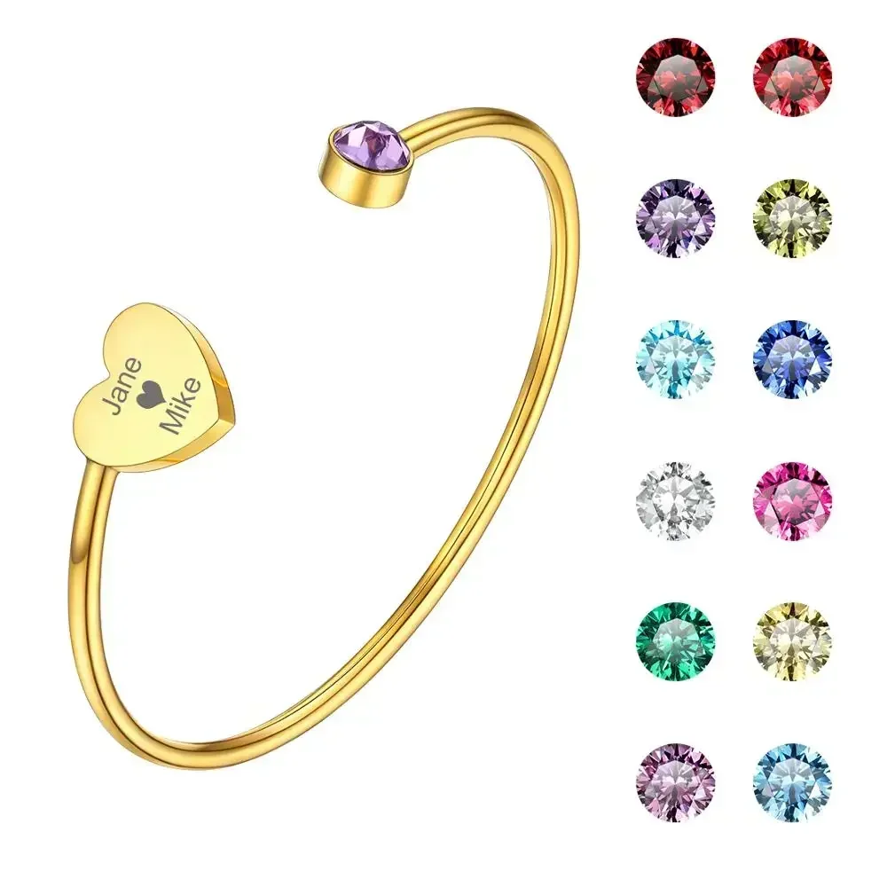 U7 Personalized Open Cuff Bracelets Bangle with Birthstones for Women Heart Charm Customized Birthday Jewelry Gift 805 cartoon rabbit heart charm bracelet adjustable stainless steel open bangle with rhinestone decor yellow