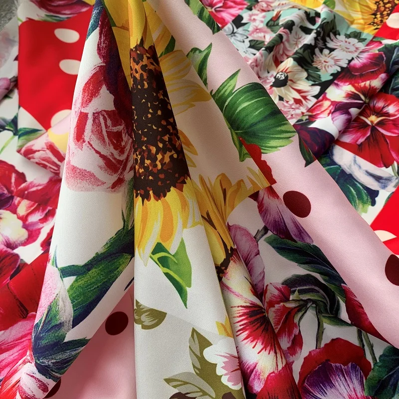Luxury Brand Digital Printed Flower Polka Dots Pattern Stretch Satin Twill Fabric Fabrics Dress DIY Sewing Skirt Shirt Material