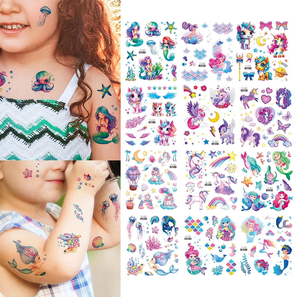 Temporary tattoos 12pcs Unicorn Mermaid Tattoo Waterproof Temporary Sticker Body Art Fake Tattoos