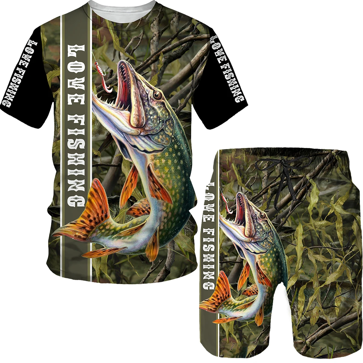 Men 3D Fish Printed Sports Fishing Camping Camouflage Hunting T Shirt