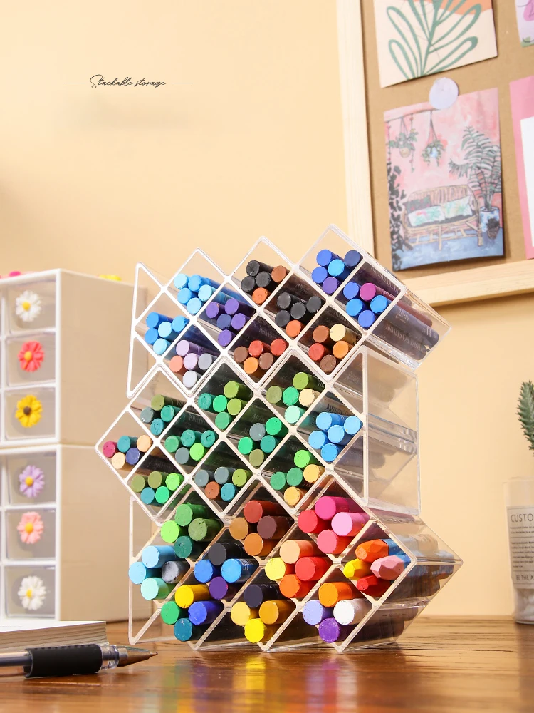 

Transparent Pen Holder Stationery Storage Box Creative Cosmetics Lipstick Organizer Desktop Grid Color Pen Crayon Oil Pastel Box