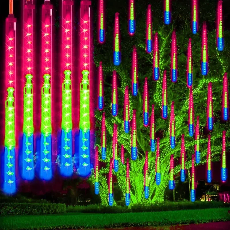thumbnail image 1 of Juego de 1/2/3/4 luces de cadena con forma de lluvia de meteoritos, guirnaldas de hadas para la calle, decoraciones para árboles de Navidad para exteriores, luces de jardín para Año Nuevo, 1 of 5
