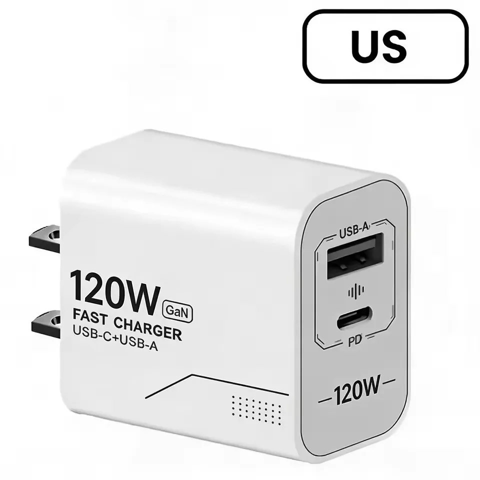 120W Dual-Port GaN USB-C Fast Charging Wall Adapter with US/EU Plug