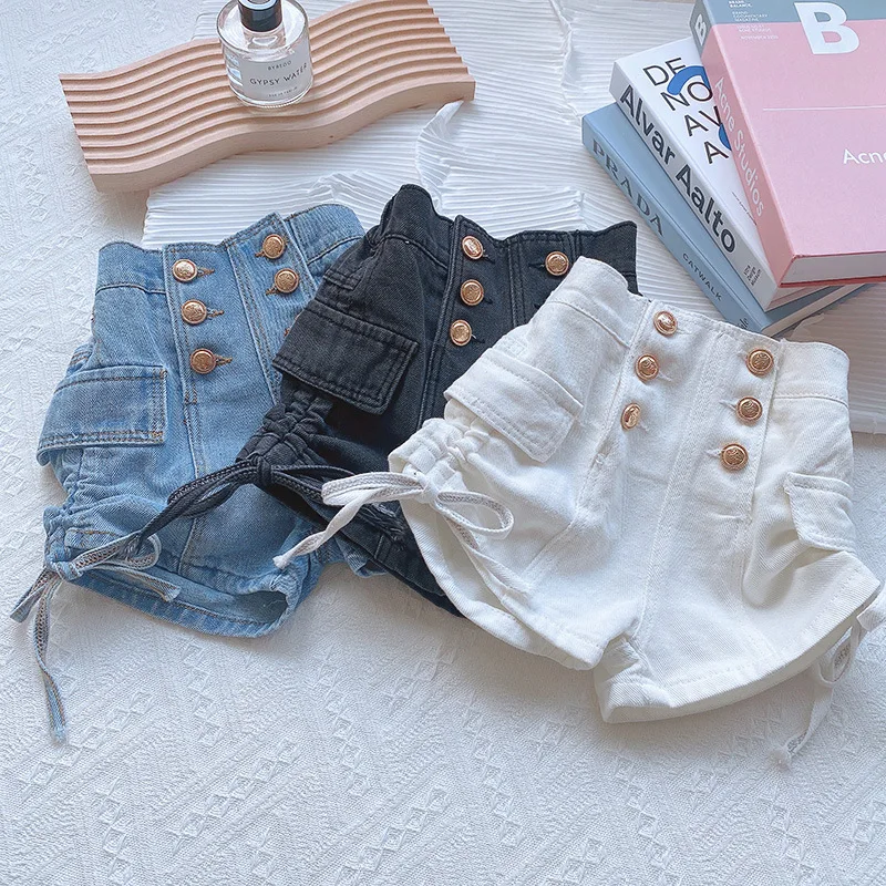 Cute Shorts Kids Clothing Girls Shorts Summer Dress New Korean Children Drawstring Button Jeans Fashionable Hot Pants