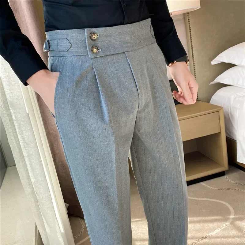 Mens Dress Suit Pants Striped Plaid British Style High Waist Casual Belt Design Slim Trousers Formal Office Social Wedding Party business pants,suit pants,men pants