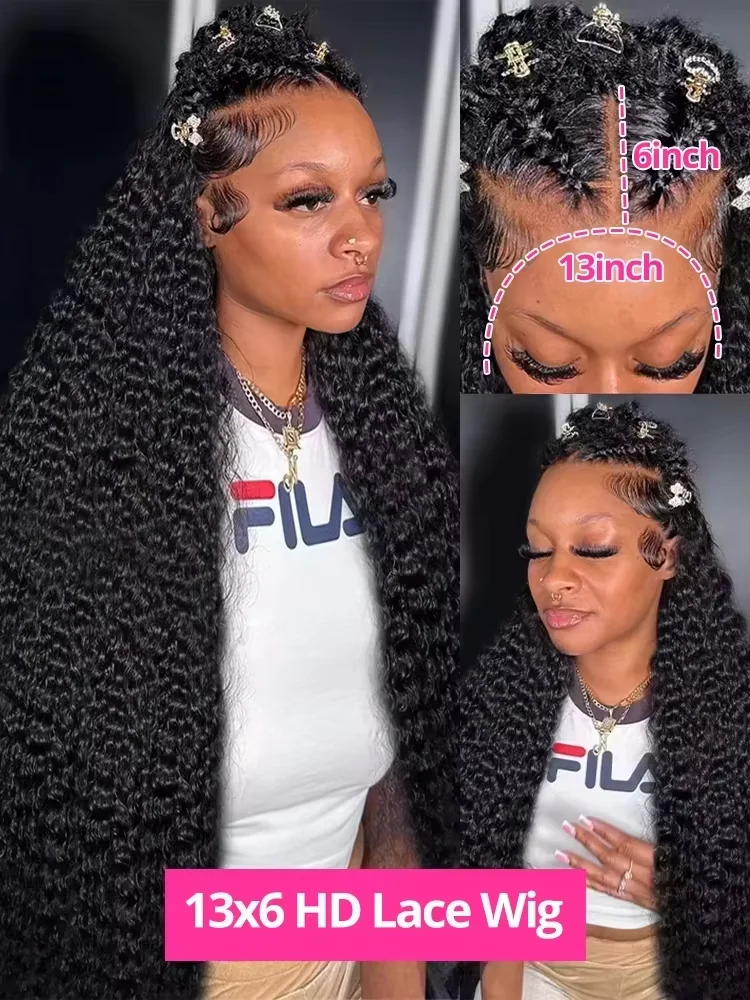220 Density 46 Inch Curly 13x6 HD Lace Frontal Wig Human Hair Brazilian Deep Wave Lace Front Human Hair Max-lace Wig Pre Plucked