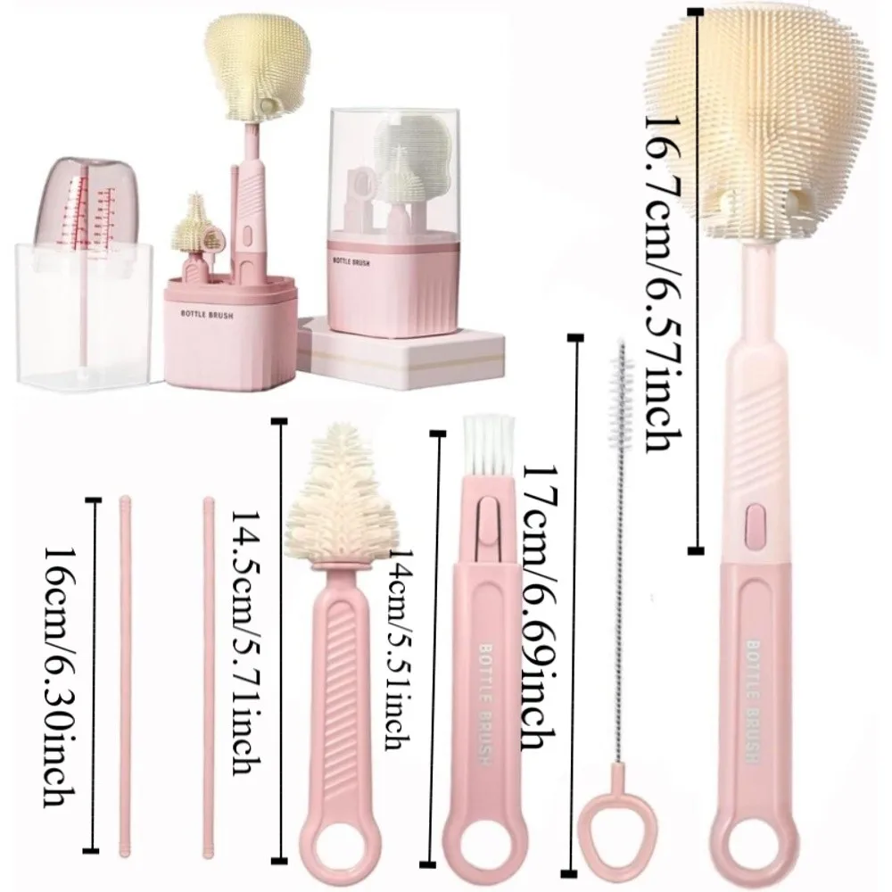 6pcs/set Multi-functional Milk Bottle Cleaning Brush Set Anti-lost Drain Bracket Baby Nipple Brush Kit Eyedropper Brush Silicone