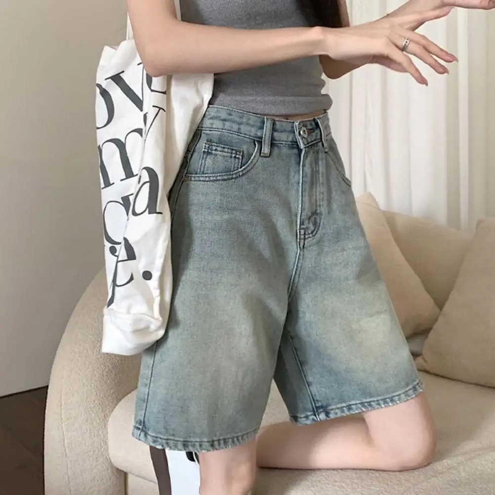 여성용 데님 하의 데님 청바지, 빈티지 하이웨이스트 데님 반바지, 와이드 레그 스트릿웨어 청바지, 단추 클로저 지퍼 무릎