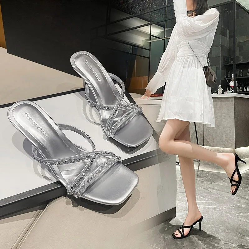 

Square Toe Open Toe High Heel Shoes for Women's 202Summer New One Line with Sequins Back Hollow Thin Heel High Heel Sandals For