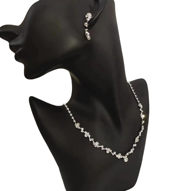 Fashion Crystal Bridal Jewelry Sets Silver Color Geometric Choker Necklace Earrings Bracelet Wedding Jewelry Set