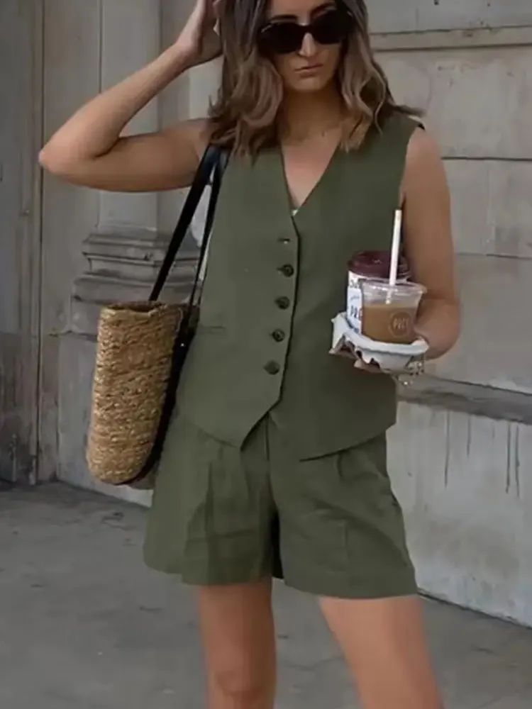 HH Women Pant Sets Vintage Solid Single Breasted V Neck Waistcoat Tops + Slim Zipper Fly Shorts Summer Office Lady Suit