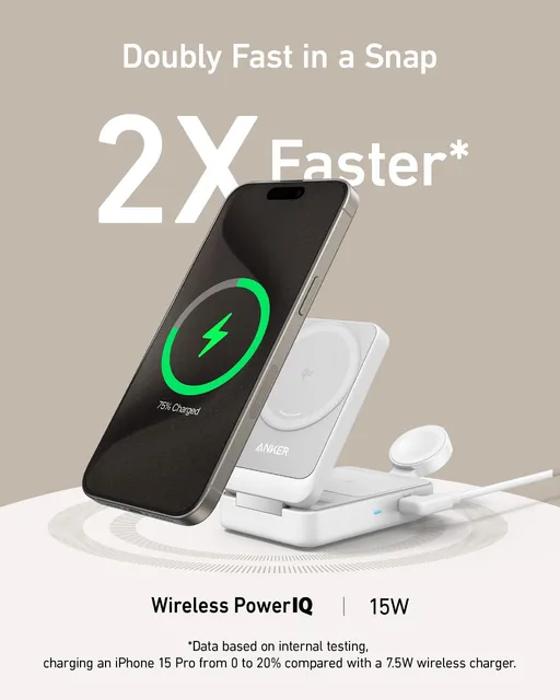 Anker MagGo 3-in-1 Charging Station, Qi2 Certified 15W MagSafe-Compatible Wireless Charger Stand,Apple Watch Charger for MagSafe - Hình ảnh 2