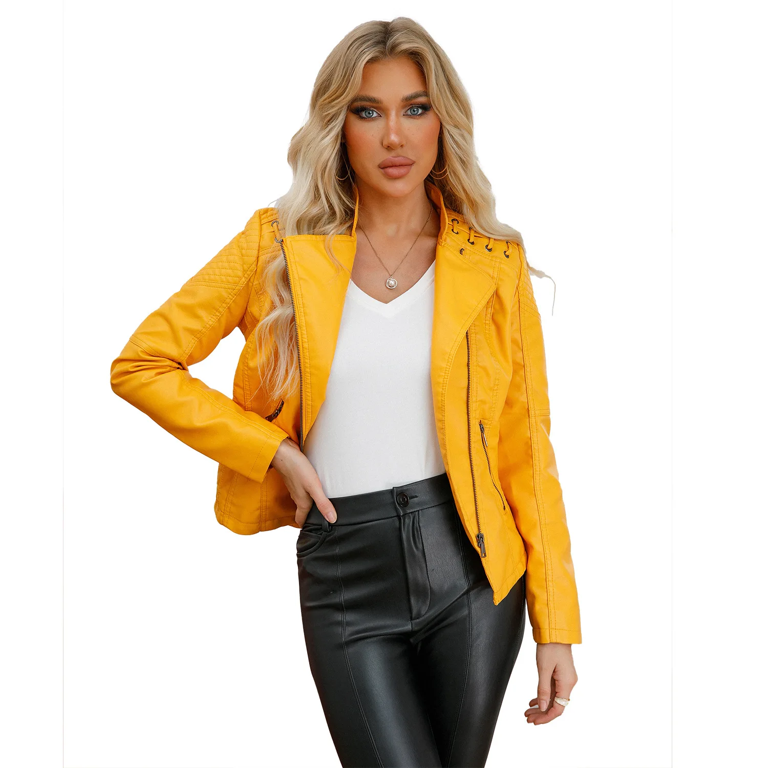 high quality short leather jacket for women long sleeve big size slim motorcycle jacket new 2023 autumn clothing black brown