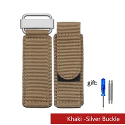 High - Quality Black Blue Green Nylon Sport Watch Strap with Hook - and - Loop Fastener - 22mm (Khaki Silver Buckle)