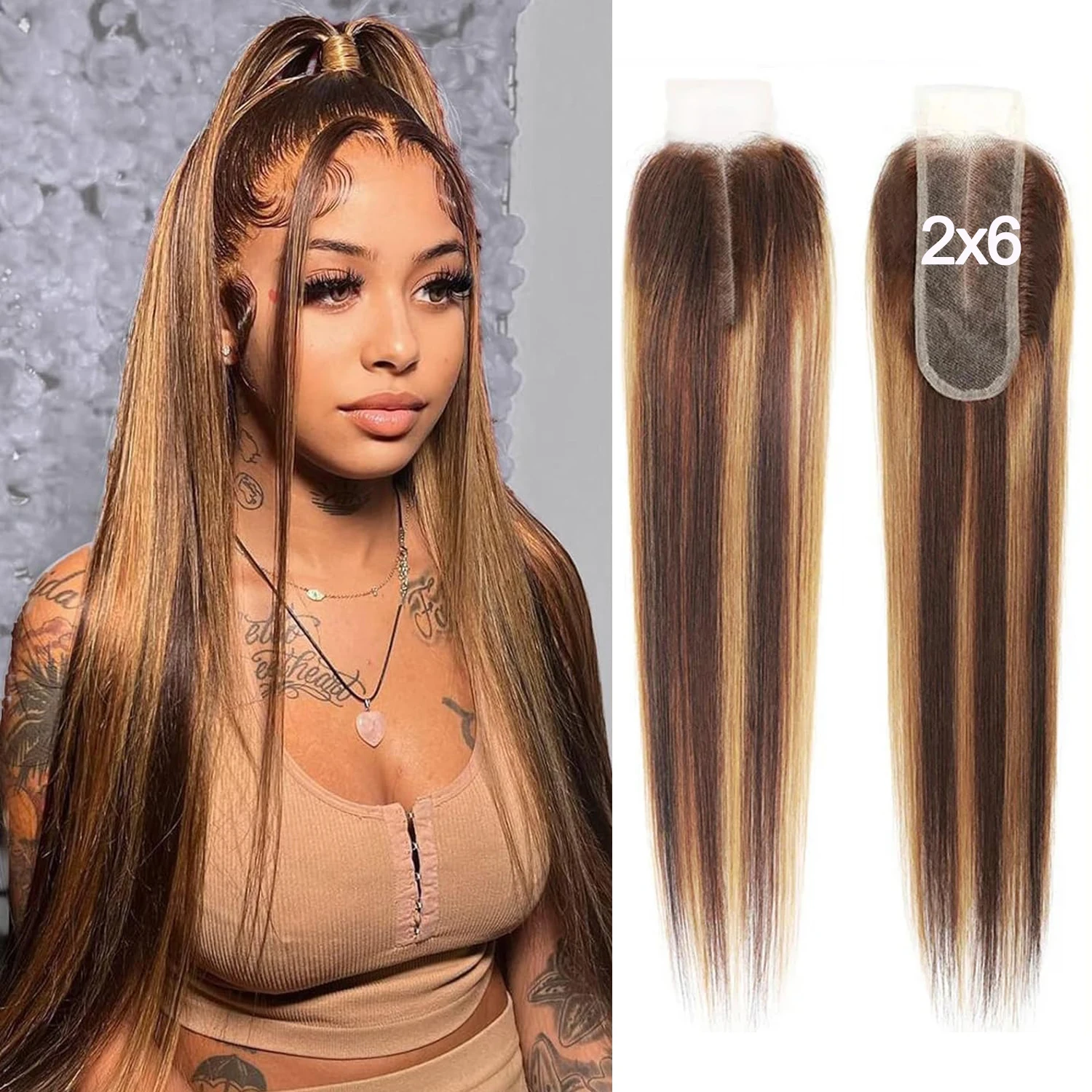 P4/27 Highlight Straight 2x6 Lace Closure Body Wave Transparent Swiss Lace Brazilian Human Hair Pre-Plucked With Baby Hair 1