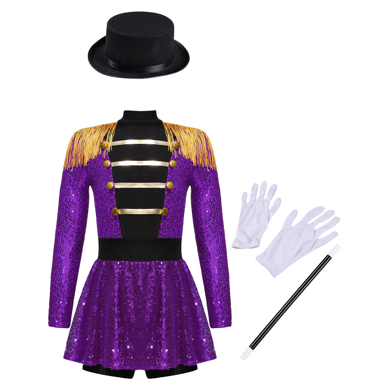 

Girls Halloween Carnival Circus Ringmaster Magician Cosplay Performance Costume Sequin Leotard Dress with Hat Magic Wand Gloves