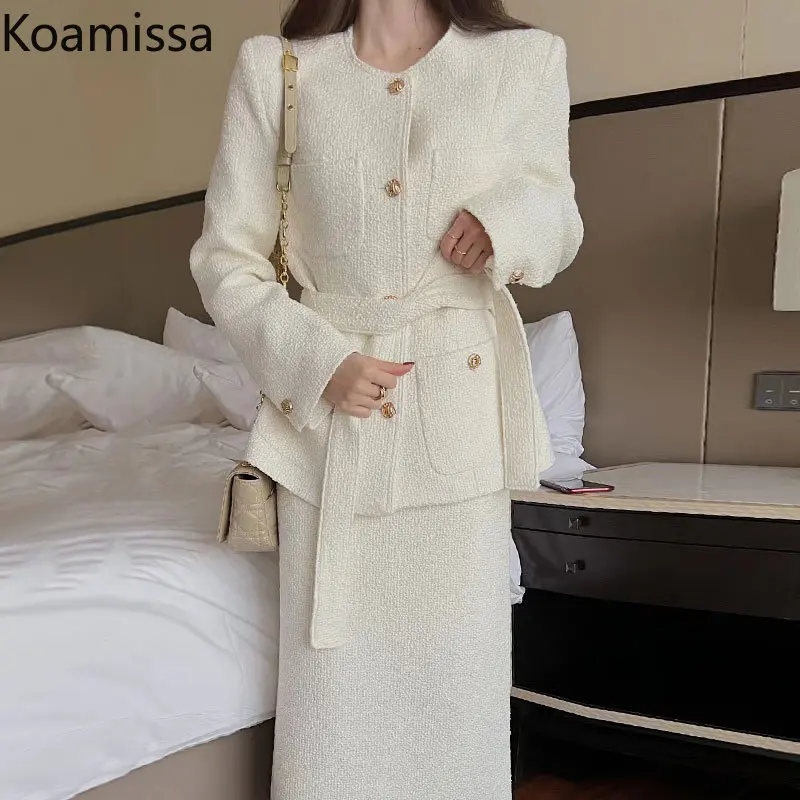 

Koamissa Fashion Women Two Piece Set Chic Korean Tweed Jackets + High Waist Bodycon Skirt Office Lady Outfits Femme Outer Suits